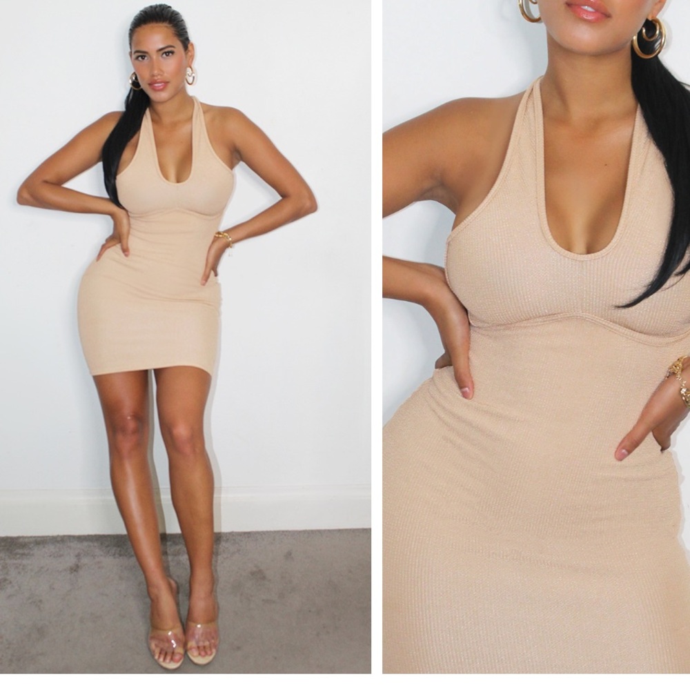 SHAPE CAMEL CRINKLE UNDERBUST DETAIL HALTERNECK BODYCON DRESS